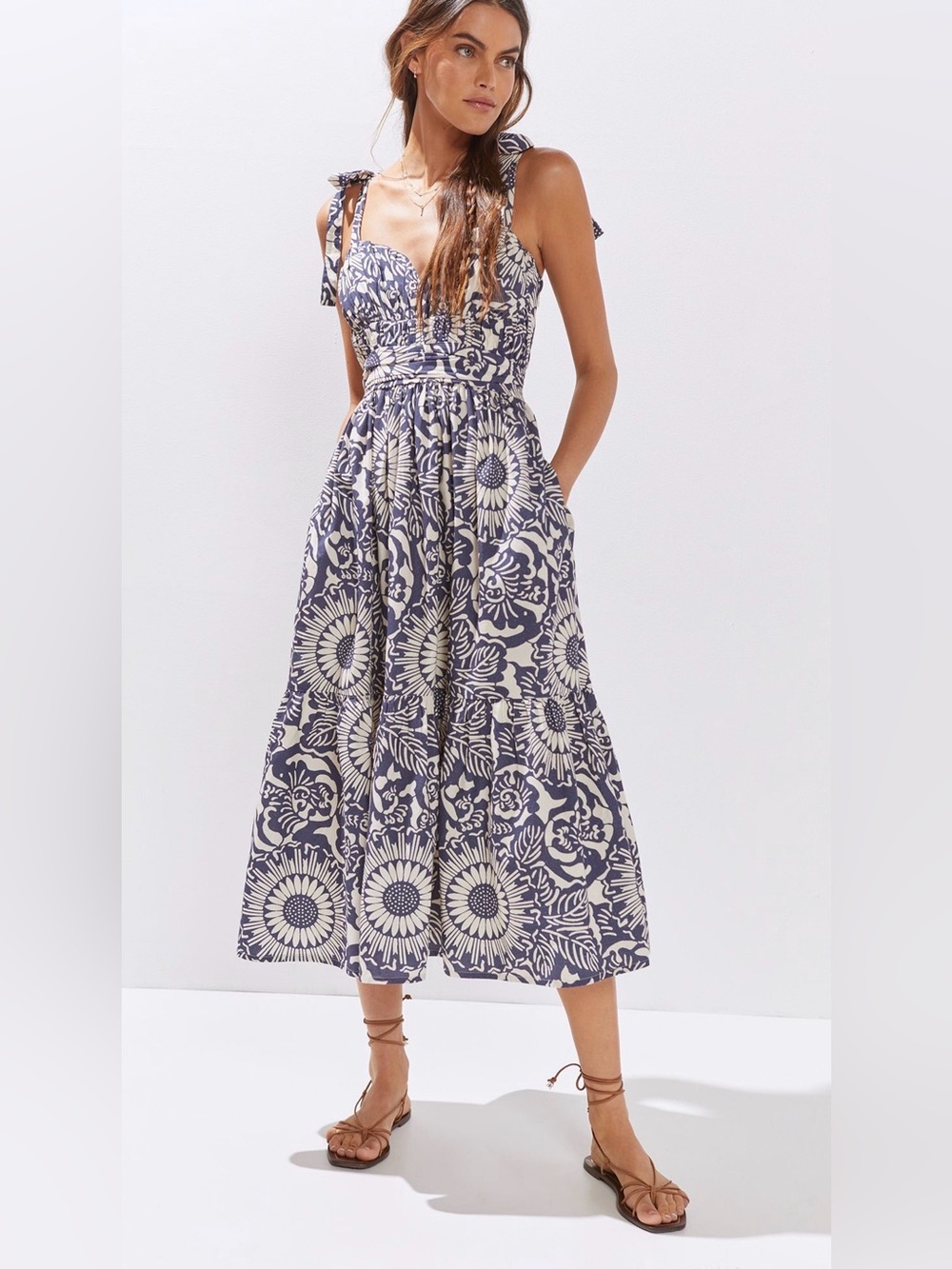 Forever That Girl Flounced Tie-Shoulder Floral Midi Dress in Navy and Cream